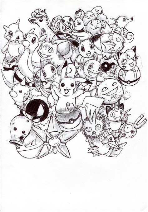 A Black And White Pokémon Sketch Quite A Lot Of Unevolved Kanto
