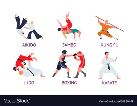 Men Doing Different Kinds Asian Martial Arts Vector Image