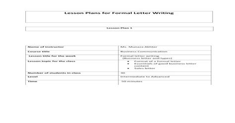 Lesson Plans For Formal Letter Writing Pdf Document