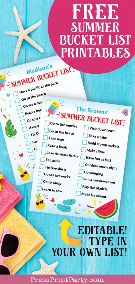 Free Summer Bucket List Printable And Editable Press Print Party