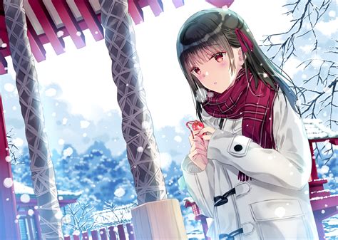 Wallpaper Beautiful Anime Girl Shrine Red Scarf Winter Snow