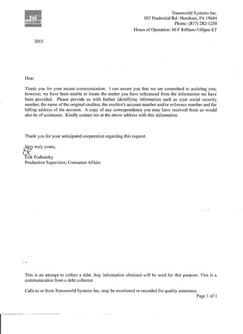 I Need Help I Receved This Letter From Transworld Systems Successor