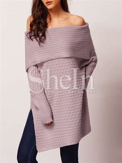 Purple Long Sleeve Off The Shoulder Split Sweater Sheinsheinside