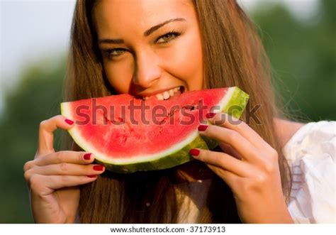 Pretty Woman Eating Watermelon Outdoor Stock Photo 37173913 Shutterstock