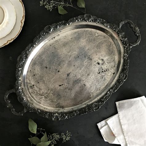 Vintage Tarnished Oval Silverplate Footed Serving Tray With Handles