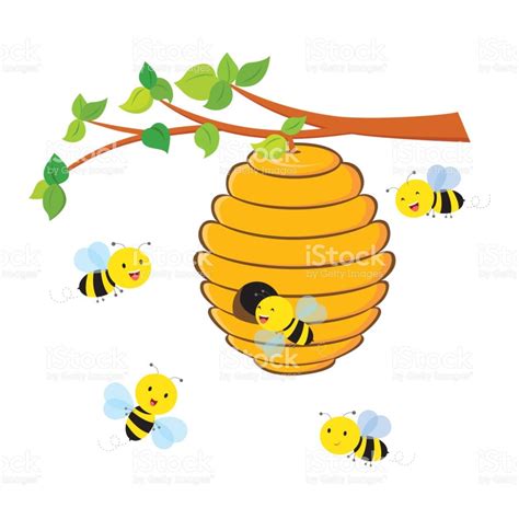 Vector Illustration Of Busy Bees Flying Around A Beehive Cartoon Bee