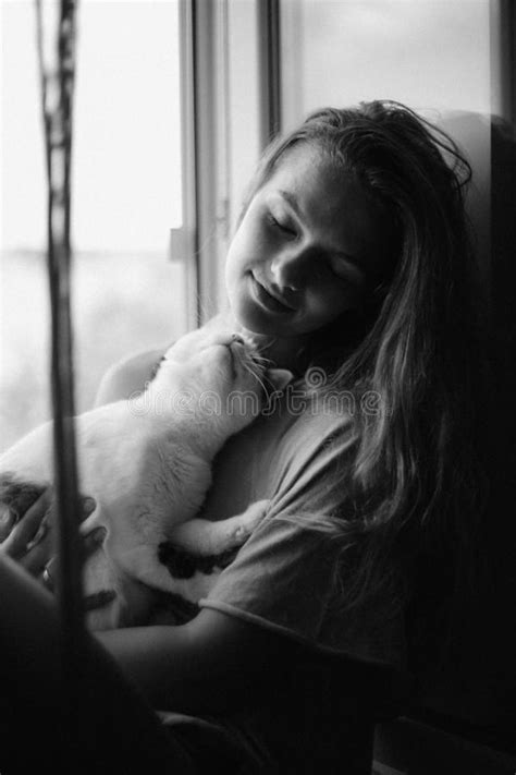 Pets Care Young Woman Holding Cat Home Cute Cat In Woman Hands