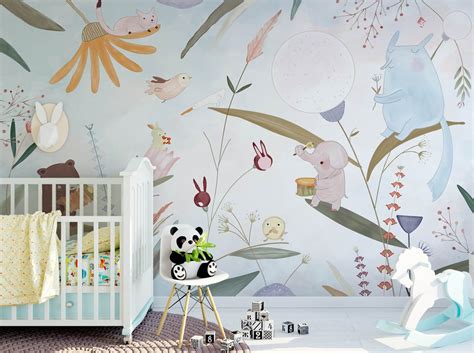 Floral Animal Wallpaper Safari Nursery Wallpaper Removable Baby Girls