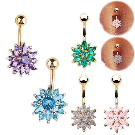 Buy Flower Rhinestone Crystal Barbells Navel Belly Bar Button Ring Body Piercing Jewellery At