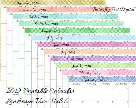 Printable Calendar 2019 Monthly Landscape View Quatrefoil Etsy