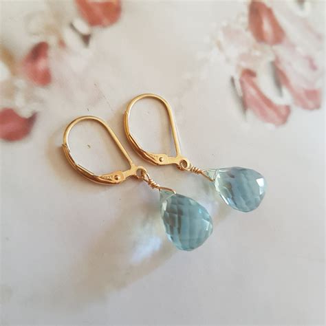 Aquamarine Quartz Earrings Sterling Silver Leverback Wire Wrapped Small