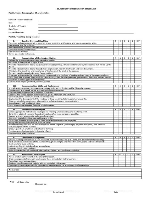 Classroom Observation Checklist Pdf Educational Assessment Learning