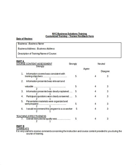 sample training feedback forms   ms word excel