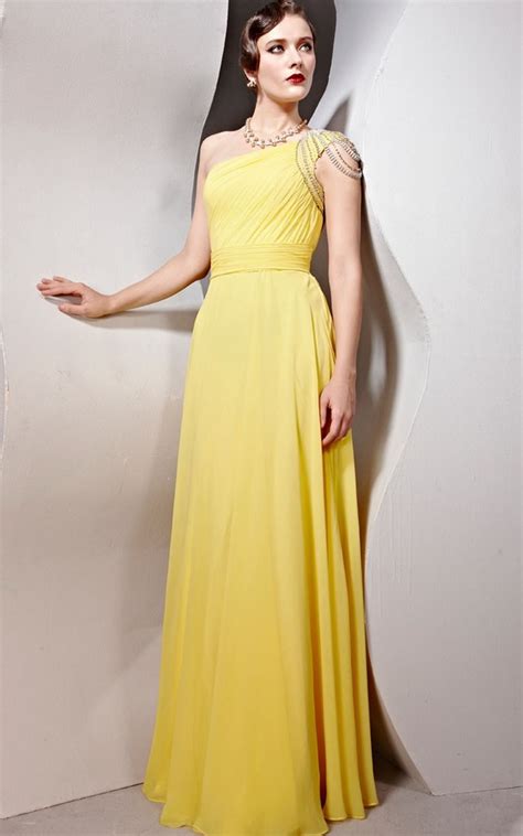 Elegant One Shoulder Yellow Chiffon Dress Beaded Yellow Evening