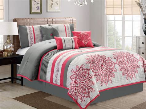 7 Pc Floral Scroll Damask Embroidery Pleated Comforter Set Gray Pink