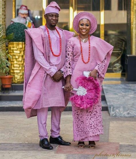 Custom Made Nigeria African Traditional Couple Aso Oke Set Laser Cut Blushed Bride Outfit