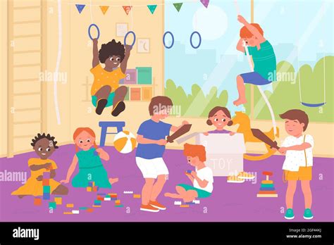 Kids Play With Toys In Kindergarten Playroom Vector Illustration
