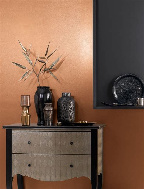 This range of metallic paint colours has been designed to be used as an accent alongside paint colours from our other wall paint ranges. Copper - Metallic - Metallic | Crown Paints | Gold painted walls, Copper room, Metallic paint walls
