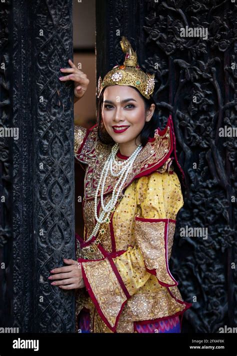 Burmese Beautiful Woman In Antique Myanmar Or Burma Traditional National Dress Costume Clothes