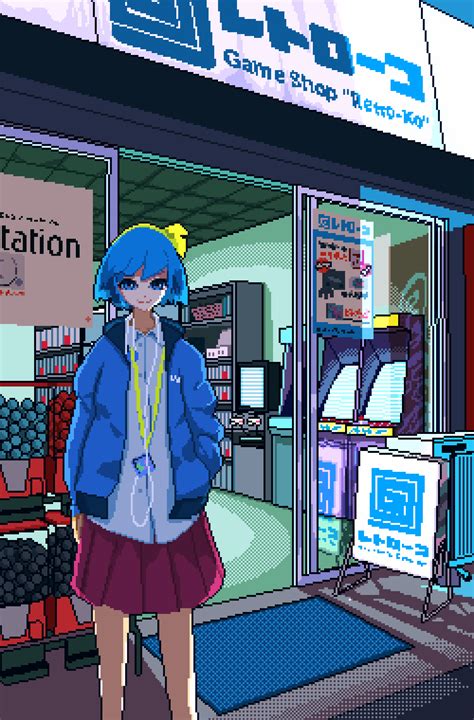 Apo Rairaru20001 Original Animated Animated  1girl Arcade Cabinet Blue Eyes Blue