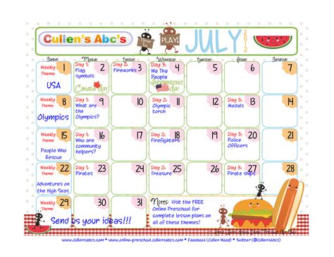 July Calendar Christian Children Activities Online Preschool And