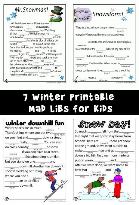Free Printable Mad Libs With Winter Themes Of Ice Skating Snowmen And