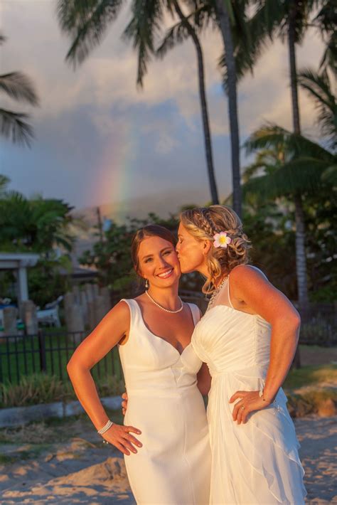 A Rainbow At The Lesbian Beach Wedding Lesbian Beachwedding Rainbow Lesbian Bride Lesbian