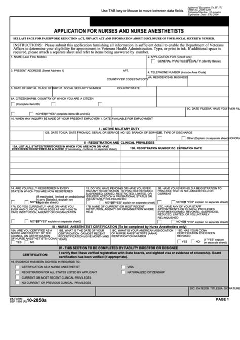 Fillable Va Form 10 2850a Application For Nurses And Nurse