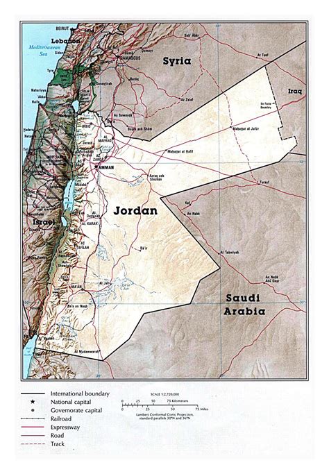 Detailed Political Map Of Jordan With Relief Roads Railroads And