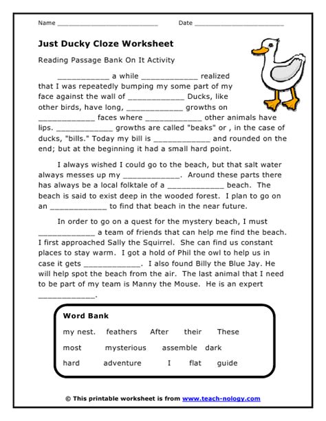 Receive free lesson plans printables and worksheets by email. Just Ducky Cloze Worksheet