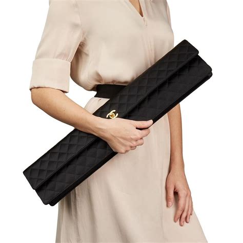 1990 Chanel Black Quilted Satin Vintage Extra Long Classic Clutch At