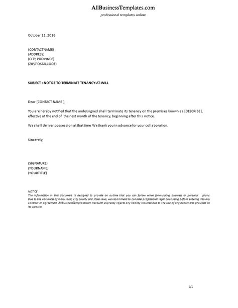 Tenancy termination letter example, free format and information on writing tenancy termination letter. Formal Notice Terminate Tenancy at Will by Tenant ...