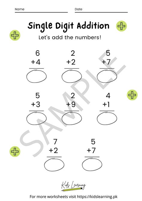 Single Digit Addition Kids Learning Fun Worksheets