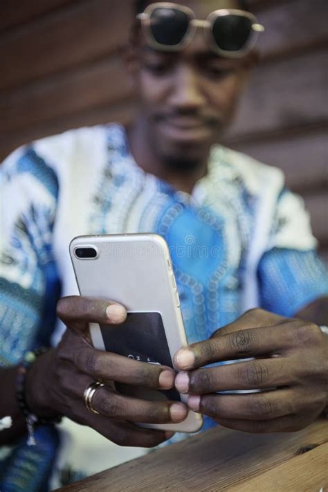 Native African Black Man Using Smart Phone Stock Image Image Of