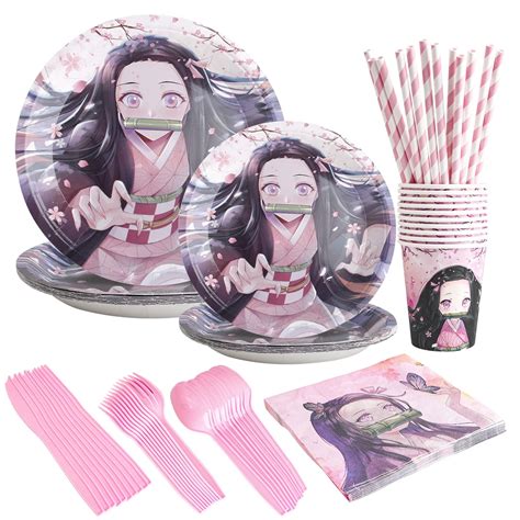 92 Pcs Nezuko Party Plates And Cups And Napkins Sets For Girl Pink