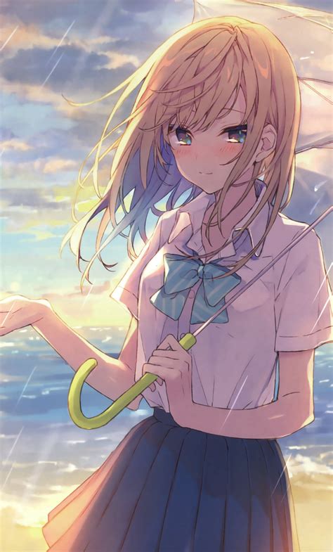 Wallpaper Outdoor Cute Anime Girl Rain Umbrella Anime