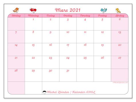 Kalendrar användbar för barn och vuxna. Kalender "631SL" mars 2021 för att skriva ut - Michel ...