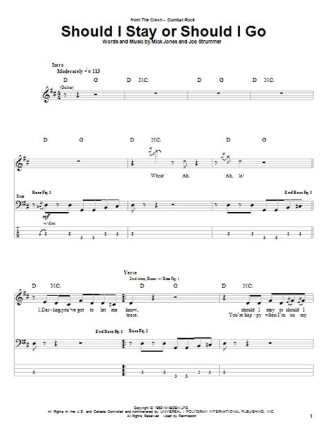 Should I Stay Or Should I Go Sheet Music The Clash Bass Guitar Tab