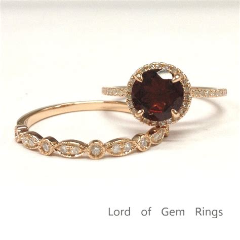 575 Round Garnet Engagement Ring Sets Pave Diamond Wedding 14k Rose Gold Lord Of Gem Rings