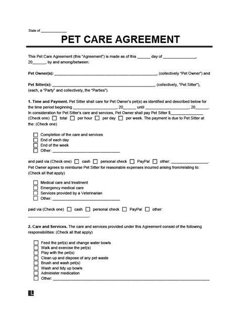 Printable Pet Agreement Form