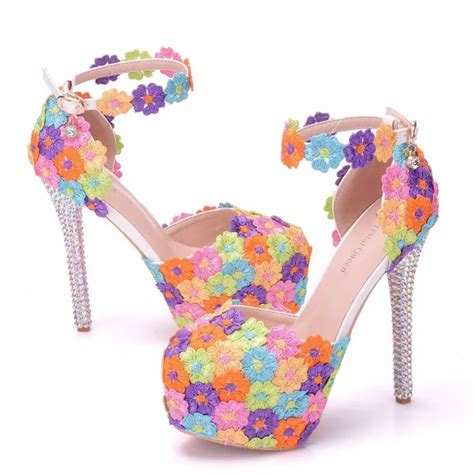 Wedding Bridal Shoes Sandals Colorful Lace Floral High Heels 14cm