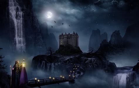 Wallpaper Night Bridge Castle Waterfall Witch Crows Abyss The