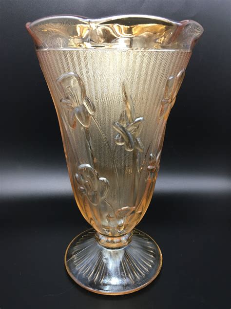 vintage jeannette glass iris and herringbone carnival glass vase made in the usa etsy