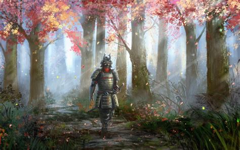 Artwork Fantasy Art Samurai Forest Trees Armor Sword Wallpapers