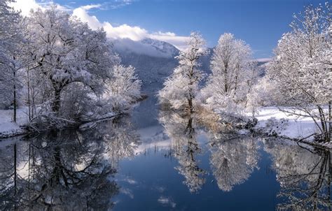 Обои зима снег деревья горы отражение река Германия Бавария germany bavaria loisach