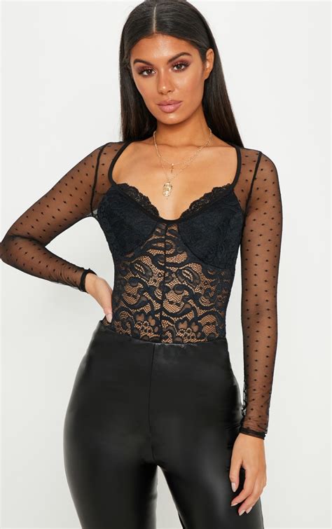 black long sleeve lace mesh bodysuit tops prettylittlething il