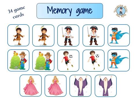 Memory Game Printable Matching Card Game Treasure Hunt 4 Kids