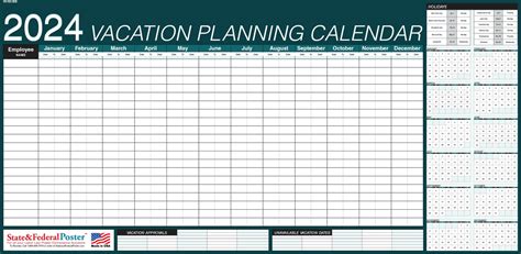 2024 Vacation Planning Calendar 40x20 Horizontal Teal — State And