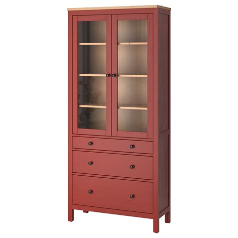 Hemnes Glass Door Cabinet With 3 Drawers Red Stainedlight Brown