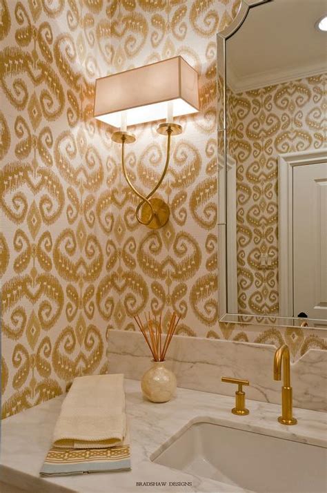 Brown And Gold Powder Room With Mughal Leaf Wallpaper Contemporary